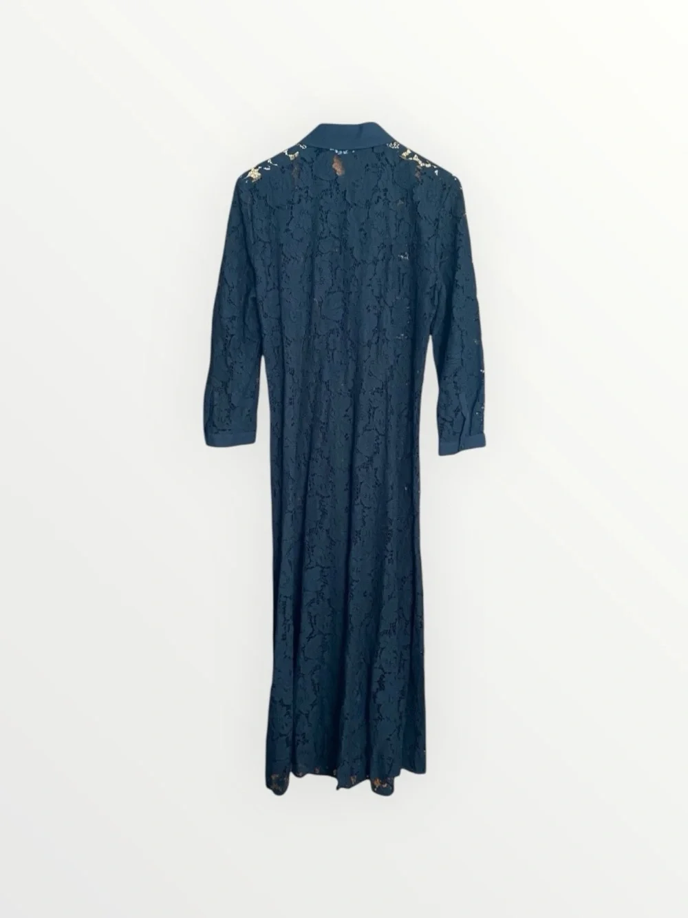 Zara Black Lace Collared Waist Tie Long Dress Size L - Picture 10 of 13